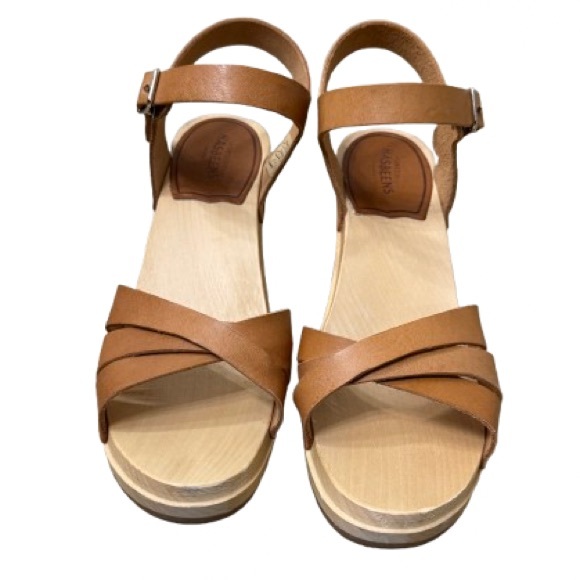 Swedish Hasbeens 80’s Strap Sandal Wood Clog Tan Brown EU 37 US 7 Boho Shoe - Picture 4 of 12